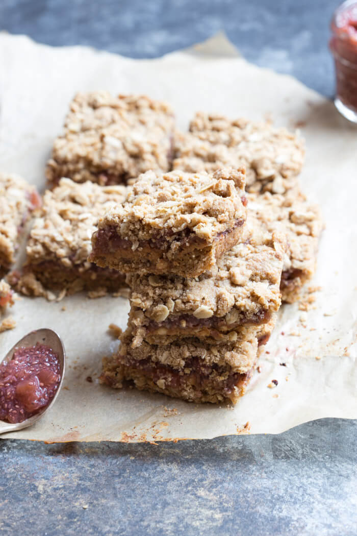 PBJ Crumble Bars made more wholesome with homemade watermelon chia jam, peanut butter, and whole grain oats for a yummy after school treat or dessert for your next party!