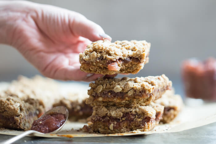 PBJ Crumble Bars made more wholesome with homemade watermelon chia jam, peanut butter, and whole grain oats for a yummy after school treat or dessert for your next party!