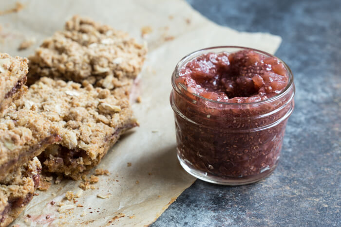 PBJ Crumble Bars made more wholesome with homemade watermelon chia jam, peanut butter, and whole grain oats for a yummy after school treat or dessert for your next party!