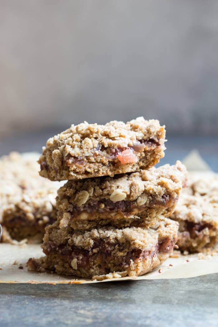 PBJ Crumble Bars made more wholesome with homemade watermelon chia jam, peanut butter, and whole grain oats for a yummy after school treat or dessert for your next party!