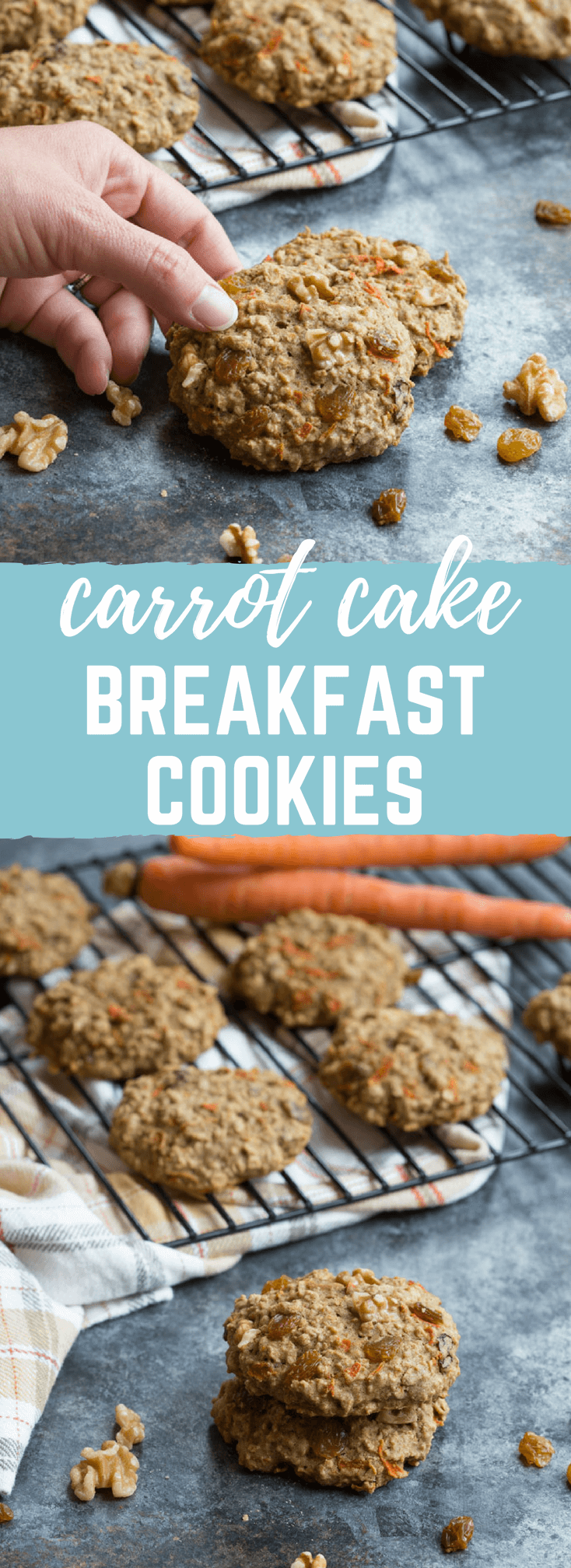 These Carrot Cake Breakfast Cookies are made with sweet carrots, oats, whole wheat flour, maple syrup, golden raisins and walnuts. Love all the healthy fats, whole grains, and veggies in these cookies!