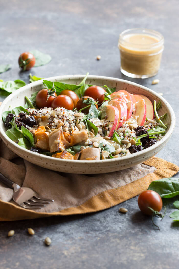 I’m loving all the fall flavors in these Vegetarian Harvest Grain Bowls. Quinoa, arugula, tomatoes, apples, roasted sweet potatoes, dried tart cherries and pumpkin seeds tossed together with an apple cider vinaigrette.