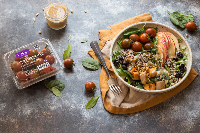 I’m loving all the fall flavors in these Vegetarian Harvest Grain Bowls. Quinoa, arugula, tomatoes, apples, roasted sweet potatoes, dried tart cherries and pumpkin seeds tossed together with an apple cider vinaigrette.