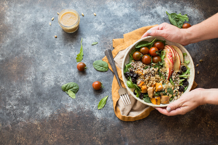 I’m loving all the fall flavors in these Vegetarian Harvest Grain Bowls. Quinoa, arugula, tomatoes, apples, roasted sweet potatoes, dried tart cherries and pumpkin seeds tossed together with an apple cider vinaigrette.