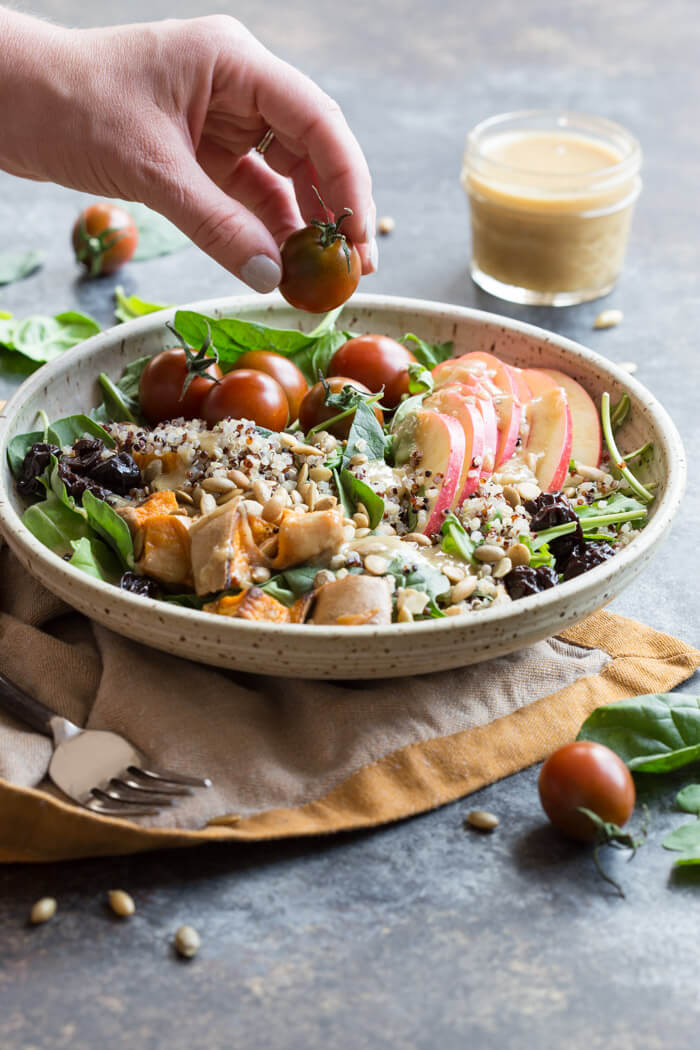 I’m loving all the fall flavors in these Vegetarian Harvest Grain Bowls. Quinoa, arugula, tomatoes, apples, roasted sweet potatoes, dried tart cherries and pumpkin seeds tossed together with an apple cider vinaigrette.
