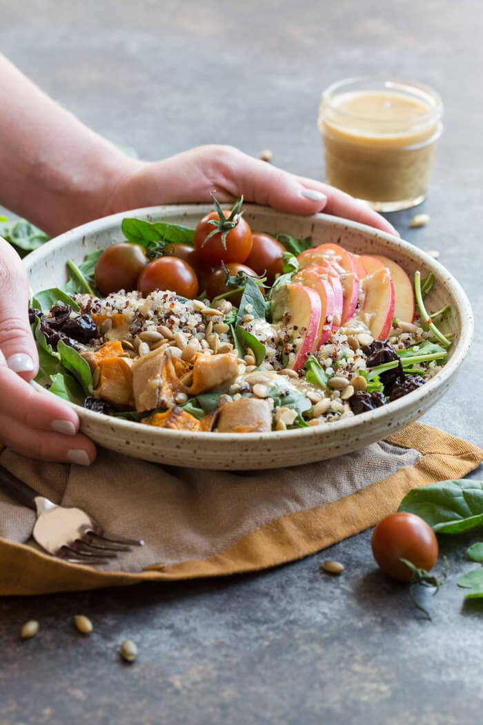 I’m loving all the fall flavors in these Vegetarian Harvest Grain Bowls. Quinoa, arugula, tomatoes, apples, roasted sweet potatoes, dried tart cherries and pumpkin seeds tossed together with an apple cider vinaigrette.