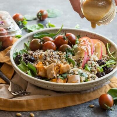 I’m loving all the fall flavors in these Vegetarian Harvest Grain Bowls. Quinoa, arugula, tomatoes, apples, roasted sweet potatoes, dried tart cherries and pumpkin seeds tossed together with an apple cider vinaigrette.