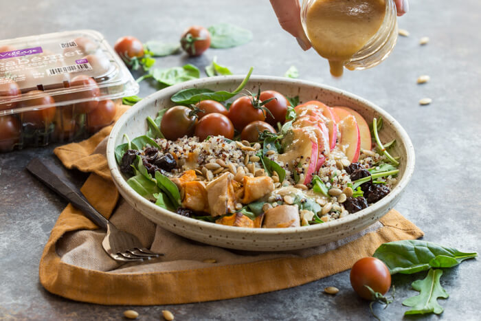 I’m loving all the fall flavors in these Vegetarian Harvest Grain Bowls. Quinoa, arugula, tomatoes, apples, roasted sweet potatoes, dried tart cherries and pumpkin seeds tossed together with an apple cider vinaigrette.