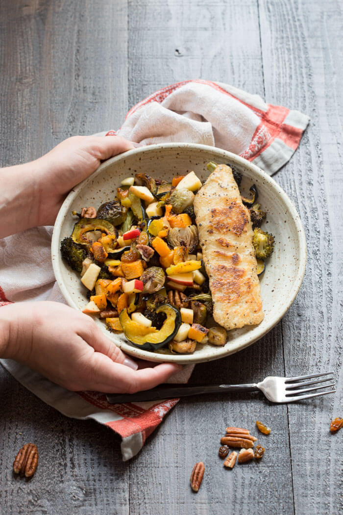 You guys...This Harvest Vegetable Medley is everything you want to eat this time of year. Roasted butternut squash, acorn squash, Brussels sprouts, apples and pecans. So good. Trust me!