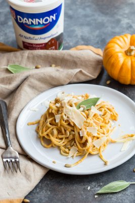 Pumpkin Spice Vodka Sauce Linguine... what adulting looks like on Halloween. Traditional vodka sauce is made with tomatoes and cream, but this recipe has been reinvented with pumpkin puree and whole milk yogurt.