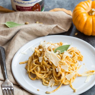 Pumpkin Spice Vodka Sauce Linguine... what adulting looks like on Halloween. Traditional vodka sauce is made with tomatoes and cream, but this recipe has been reinvented with pumpkin puree and whole milk yogurt.