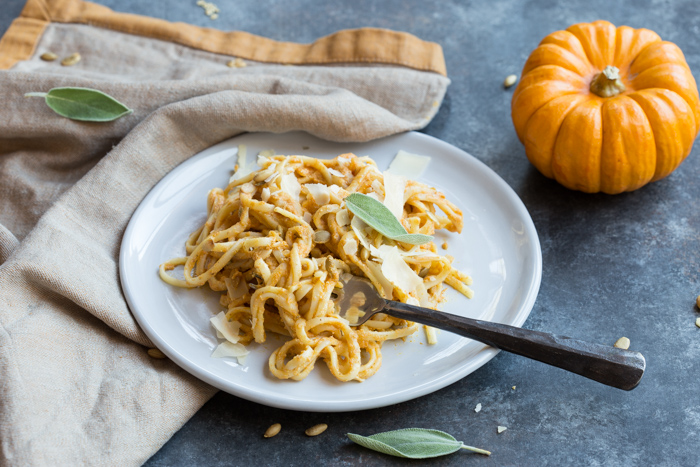 Pumpkin Spice Vodka Sauce Linguine... what adulting looks like on Halloween. Traditional vodka sauce is made with tomatoes and cream, but this recipe has been reinvented with pumpkin puree and whole milk yogurt. 