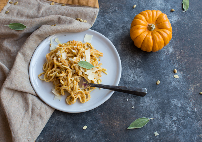 Pumpkin Spice Vodka Sauce Linguine... what adulting looks like on Halloween. Traditional vodka sauce is made with tomatoes and cream, but this recipe has been reinvented with pumpkin puree and whole milk yogurt. 