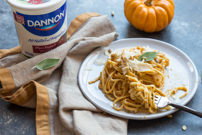 Pumpkin Spice Vodka Sauce Linguine... what adulting looks like on Halloween. Traditional vodka sauce is made with tomatoes and cream, but this recipe has been reinvented with pumpkin puree and whole milk yogurt. 