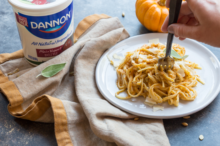 Pumpkin Spice Vodka Sauce Linguine... what adulting looks like on Halloween. Traditional vodka sauce is made with tomatoes and cream, but this recipe has been reinvented with pumpkin puree and whole milk yogurt. 