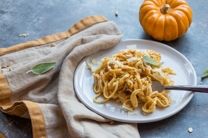 Pumpkin Spice Vodka Sauce Linguine... what adulting looks like on Halloween. Traditional vodka sauce is made with tomatoes and cream, but this recipe has been reinvented with pumpkin puree and whole milk yogurt. 