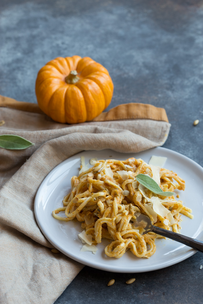 Pumpkin Spice Vodka Sauce Linguine... what adulting looks like on Halloween. Traditional vodka sauce is made with tomatoes and cream, but this recipe has been reinvented with pumpkin puree and whole milk yogurt. 