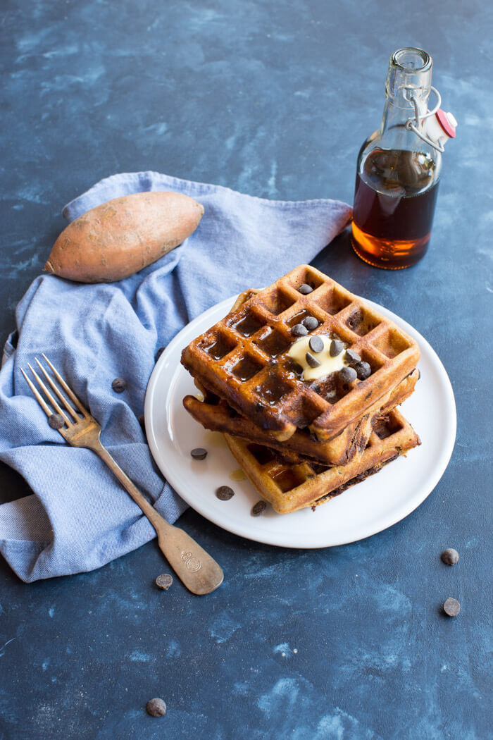 Sweet Potato Chocolate Chip Waffles. Gluten free and so YUM! Sweet potatoes and chocolate for breakfast? Yes please!