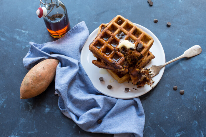 Sweet Potato Chocolate Chip Waffles. Gluten free and so YUM! Sweet potatoes and chocolate for breakfast? Yes please!