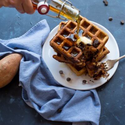 Sweet Potato Chocolate Chip Waffles. Gluten free and so YUM! Sweet potatoes and chocolate for breakfast? Yes please!