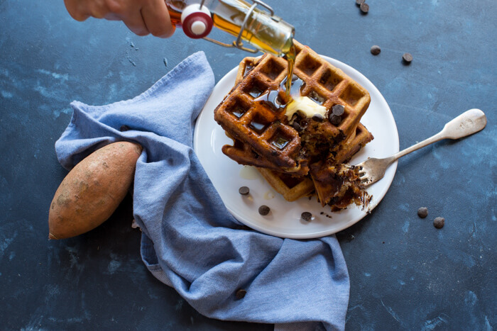 Sweet Potato Chocolate Chip Waffles. Gluten free and so YUM! Sweet potatoes and chocolate for breakfast? Yes please!