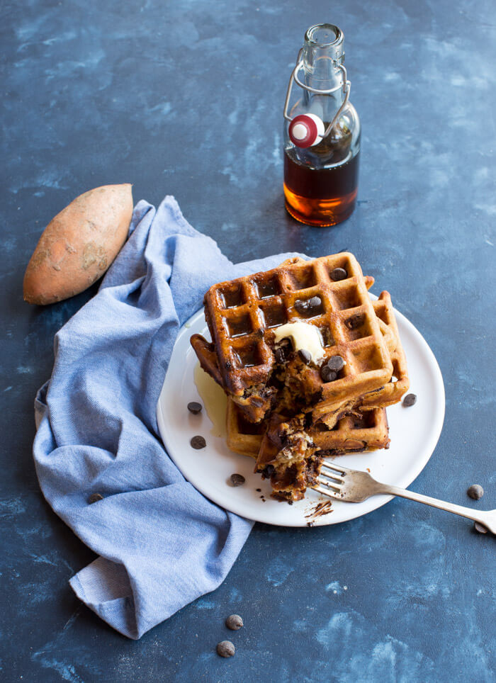 Sweet Potato Chocolate Chip Waffles. Gluten free and so YUM! Sweet potatoes and chocolate for breakfast? Yes please!