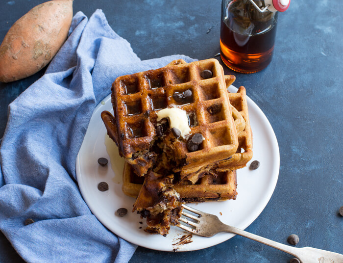 Sweet Potato Chocolate Chip Waffles. Gluten free and so YUM! Sweet potatoes and chocolate for breakfast? Yes please!