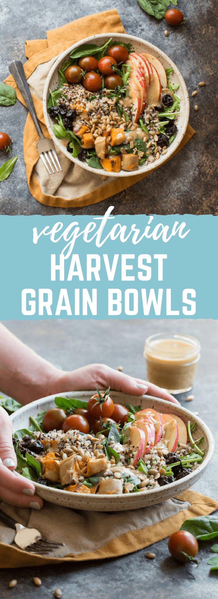 I’m loving all the fall flavors in these Vegetarian Harvest Grain Bowls. Quinoa, arugula, tomatoes, apples, roasted sweet potatoes, dried tart cherries and pumpkin seeds tossed together with an apple cider vinaigrette.