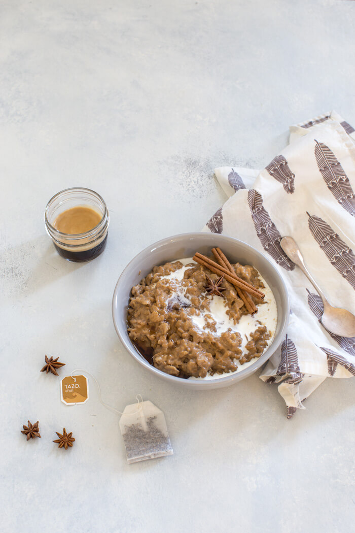 If you're a chai latte lover but like to live on the dark (errr caffeinated) side with espresso this Dirty Chai Latte Oatmeal is for you. Creamy oatmeal infused with chai tea and drowned in a shot of espresso. Breakfast of champions.