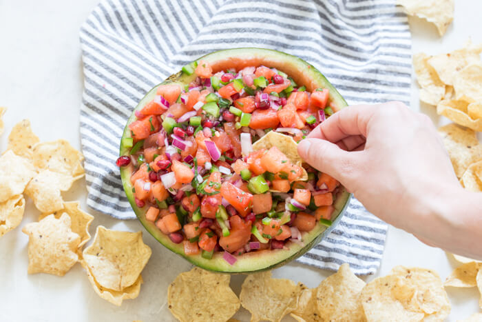 If you want to know how to eat watermelon, THIS IS IT >>> Watermelon Pomegranate Salsa. And I cannot get over the presentation of serving this salsa straight in the watermelon rind! Now that's how to do salsa for a party this holiday season. 