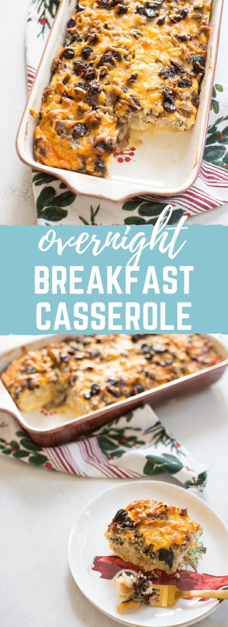 Christmas Breakfast Strata an easy overnight breakfast casserole made with eggs, sourdough bread, chard, mushrooms, and all dat cheese with cherries on top! 