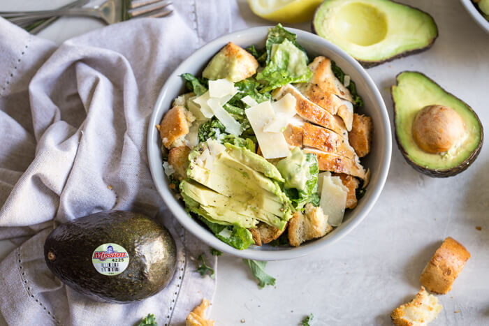Avocado Chicken Caesar Salad made with a simple mayo and egg free dressing thanks to creamy AVOCADOS. A healthy weeknight or lunch recipe.