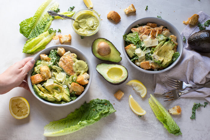 Avocado Chicken Caesar Salad made with a simple mayo and egg free dressing thanks to creamy AVOCADOS. A healthy weeknight or lunch recipe.