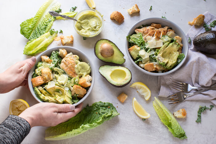 Avocado Chicken Caesar Salad made with a simple mayo and egg free dressing thanks to creamy AVOCADOS. A healthy weeknight or lunch recipe. 
