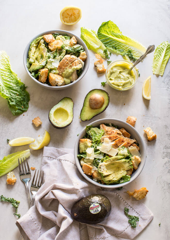 Avocado Chicken Caesar Salad made with a simple mayo and egg free dressing thanks to creamy AVOCADOS. A healthy weeknight or lunch recipe. 