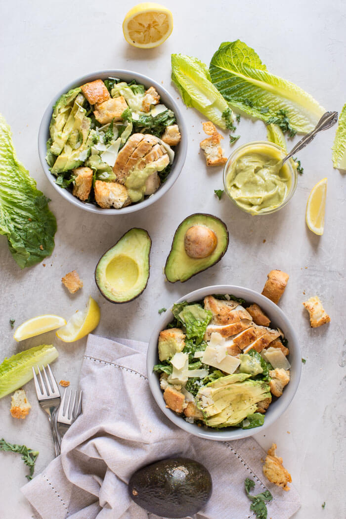 Avocado Chicken Caesar Salad made with a simple mayo and egg free dressing thanks to creamy AVOCADOS. A healthy weeknight or lunch recipe.