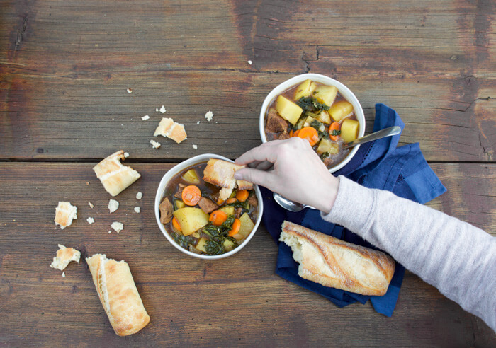 Drunken Potato Kale Beef Stew, a hearty guy friendly comfort food meal-- simple ingredients, minimal prep and a bottle of beer, what more could you want at dinner time?