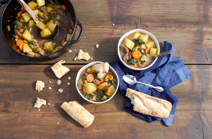 Drunken Potato Kale Beef Stew, a hearty guy friendly comfort food meal-- simple ingredients, minimal prep and a bottle of beer, what more could you want at dinner time?