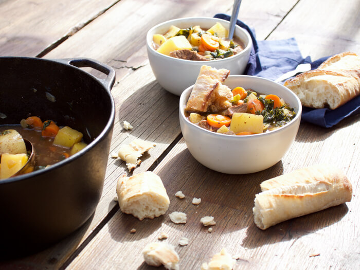 Drunken Potato Kale Beef Stew, a hearty guy friendly comfort food meal-- simple ingredients, minimal prep and a bottle of beer, what more could you want at dinner time?