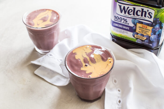 PB&J Chickpea Smoothie, a vegan protein shake that takes you back to your childhood. We love this recipe because it’s made with 4 whole food ingredients—chickpeas, 100% grape juice, peanut butter, and flax. Gimme. 