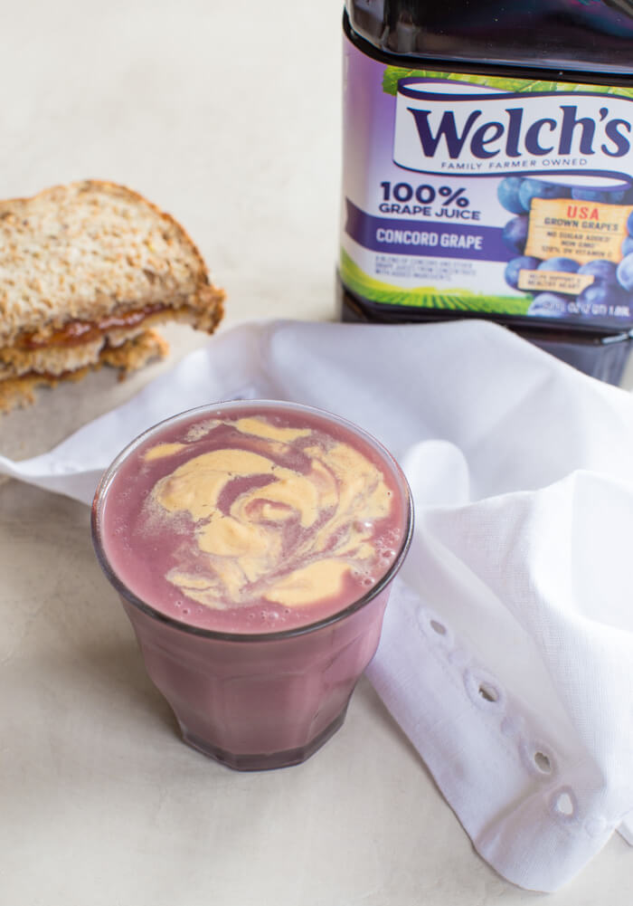 PB&J Chickpea Smoothie, a vegan protein shake that takes you back to your childhood. We love this recipe because it’s made with 4 whole food ingredients—chickpeas, 100% grape juice, peanut butter, and flax. Gimme. 