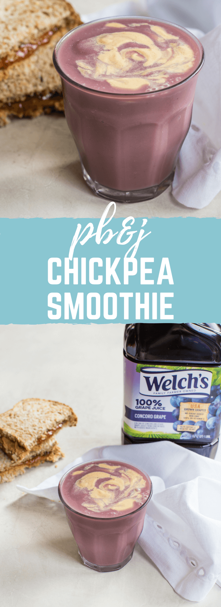 PB&J Chickpea Smoothie, a vegan protein shake that takes you back to your childhood. We love this recipe because it’s made with 4 whole food ingredients—chickpeas, 100% grape juice, peanut butter, and flax. Gimme.
