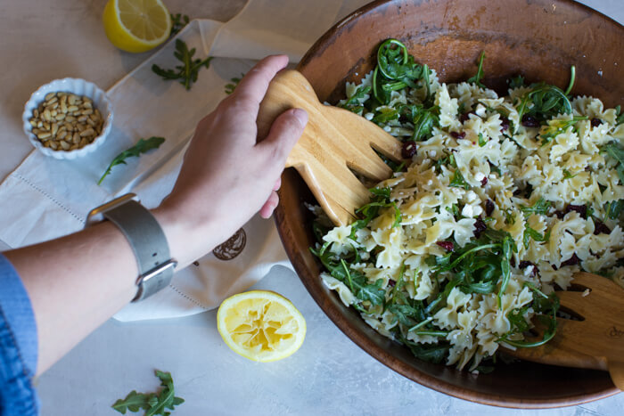 Lemon Arugula Pasta Salad. This is what it looks like to live your best springy pasta life. Easy to make ahead for baby or wedding shower!