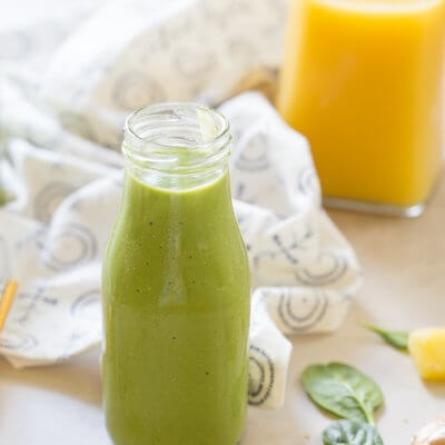 Broccoli, cauliflower, spinach, oh my! All the veg blended into this Green Power Smoothie and you can’t even taste it thanks to OJ and peanut butter! This is a kid favorite!