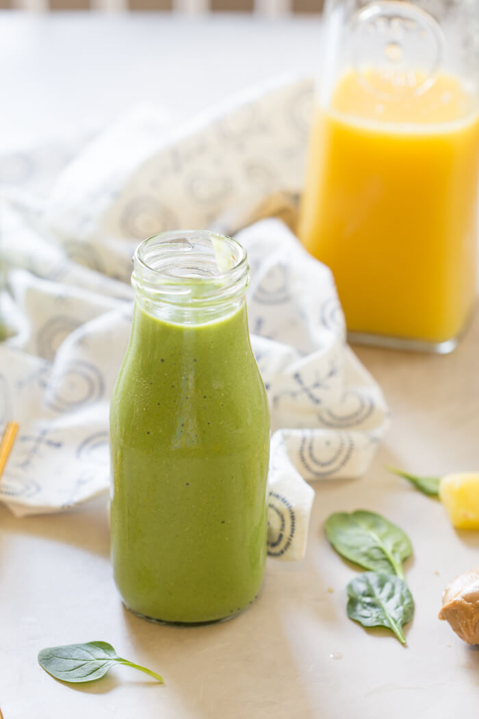 Broccoli, cauliflower, spinach, oh my! All the veg blended into this Green Power Smoothie and you can’t even taste it thanks to OJ and peanut butter! This is a kid favorite!