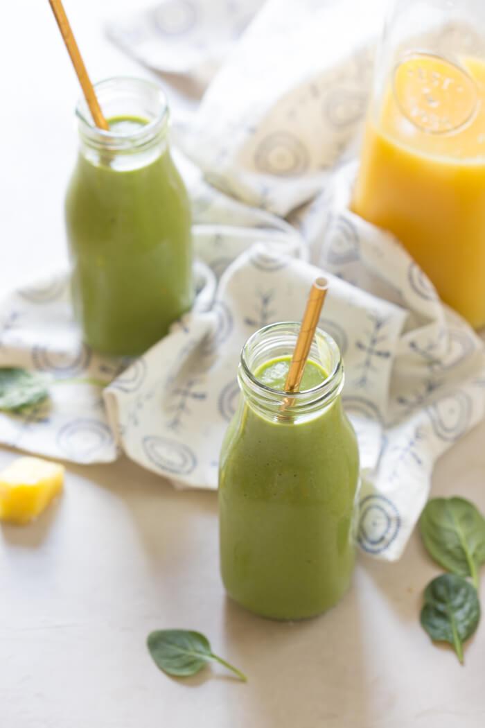 Broccoli, cauliflower, spinach, oh my! All the veg blended into this Green Power Smoothie and you can’t even taste it thanks to OJ and peanut butter! This is a kid favorite!