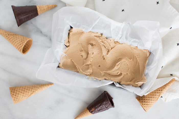 chocolate covered waffle cones and creamy coffee cashew ice cream 