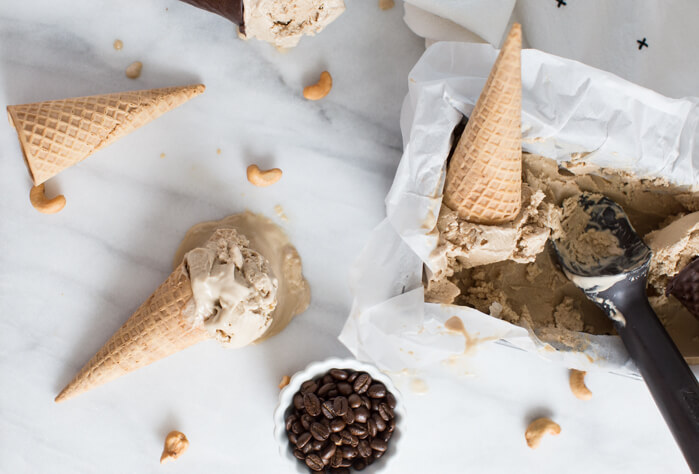 dairy free ice cream made with coffee, cashews, almond milk, and maple syrup 