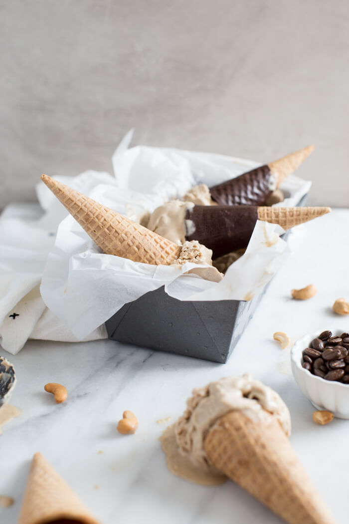 dairy free and vegan ice cream with iced coffee and cashews 