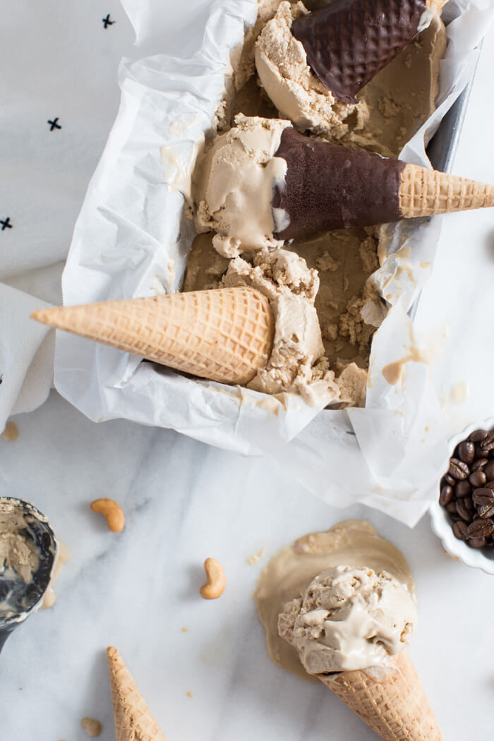 dairy free and vegan ice cream with iced coffee and cashews 